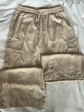 Michael Kors Satin Drawstring Cargo Wide Leg Pants in Beige